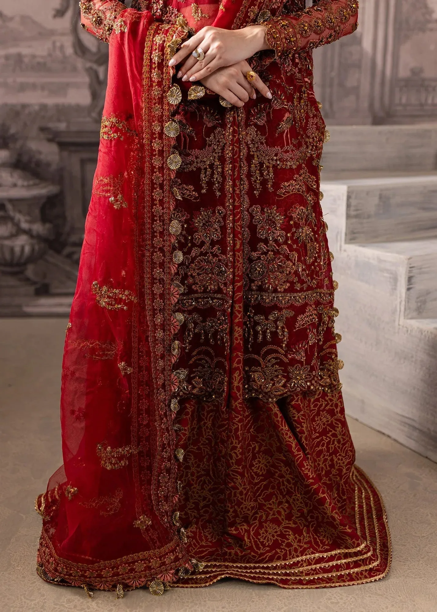Maria Osama Khan Mystara Wedding Festive Maroon Raw Silk – view 4 – Poshaq