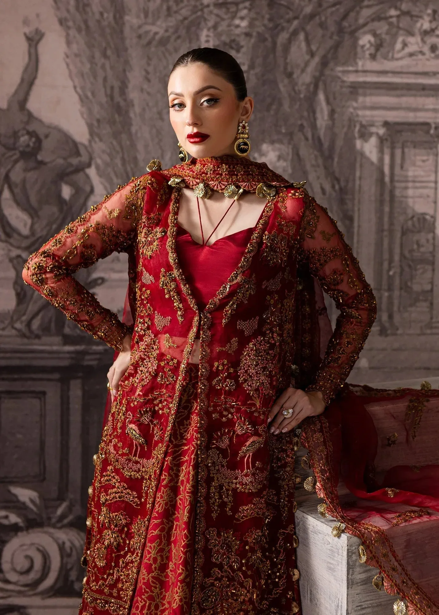 Maria Osama Khan Mystara Wedding Festive Maroon Raw Silk – view 5 – Poshaq