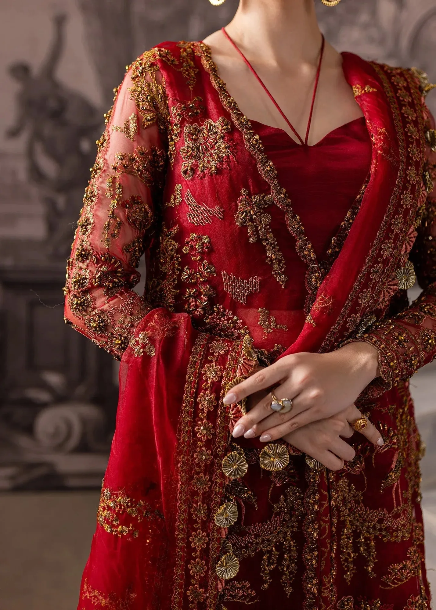 Maria Osama Khan Mystara Wedding Festive Maroon Raw Silk – view 6 – Poshaq