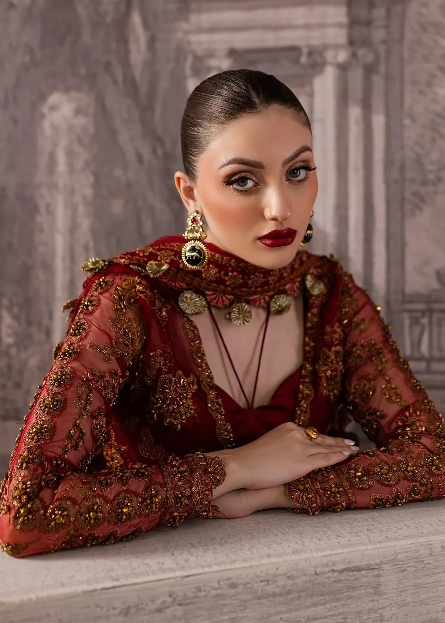 Maria Osama Khan Mystara Wedding Festive Maroon Raw Silk – view 8 – Poshaq