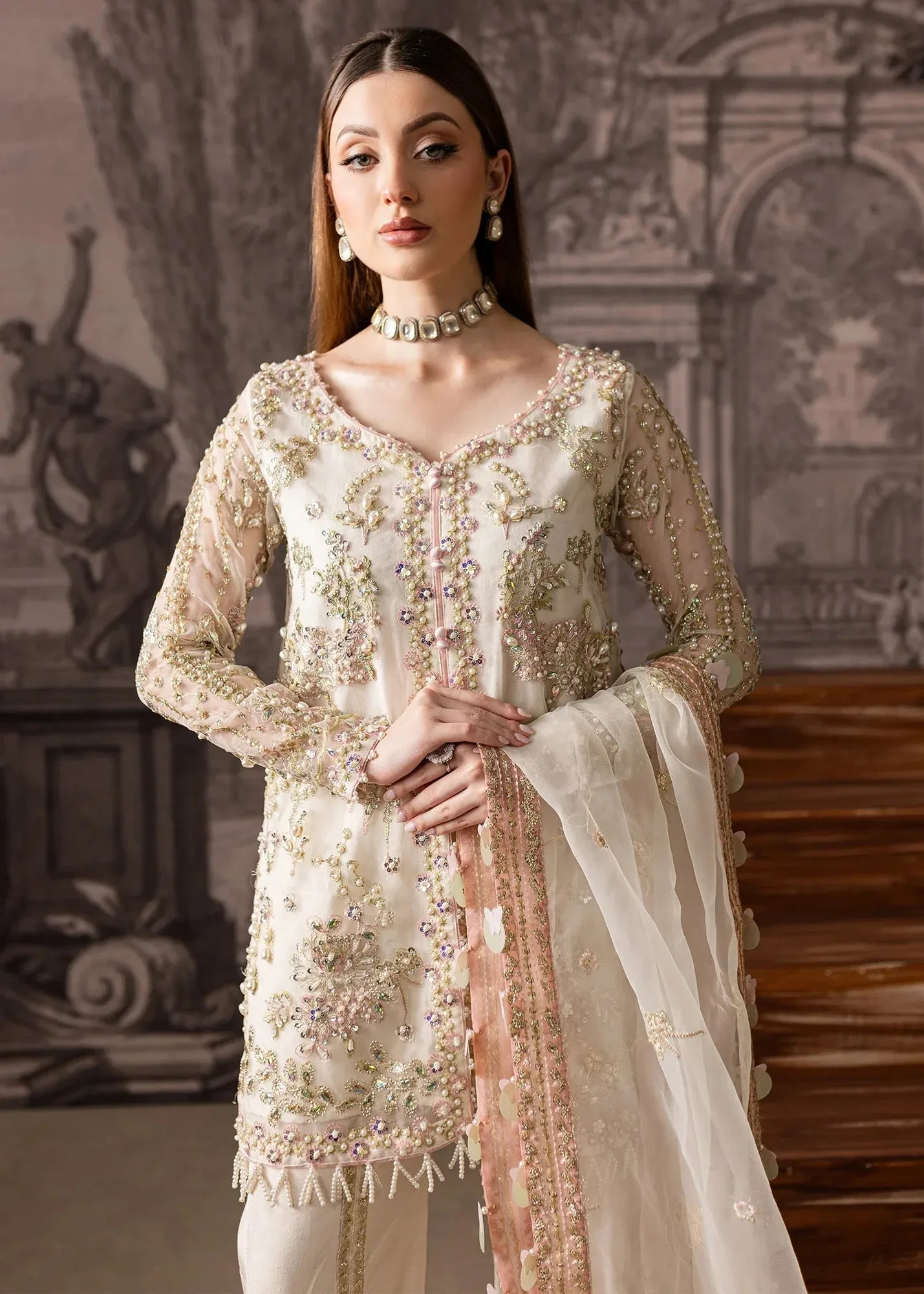 Maria Osama Khan Mystara Wedding Festive Ivory Raw Silk – view 3 – Poshaq