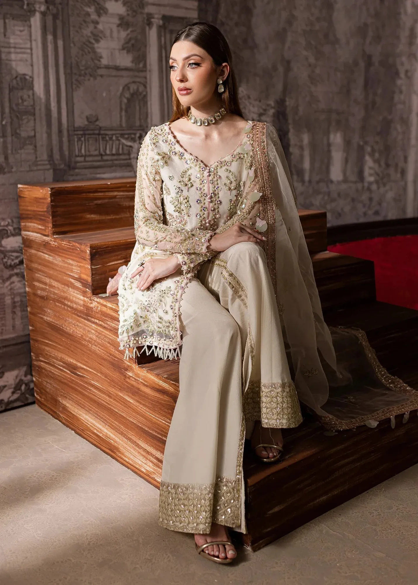 Maria Osama Khan Mystara Wedding Festive Ivory Raw Silk – view 6 – Poshaq