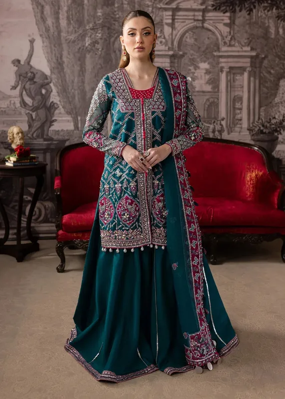 Maria Osama Khan Mystara Wedding Festive Teal Blue Raw Silk – view 1 – Poshaq