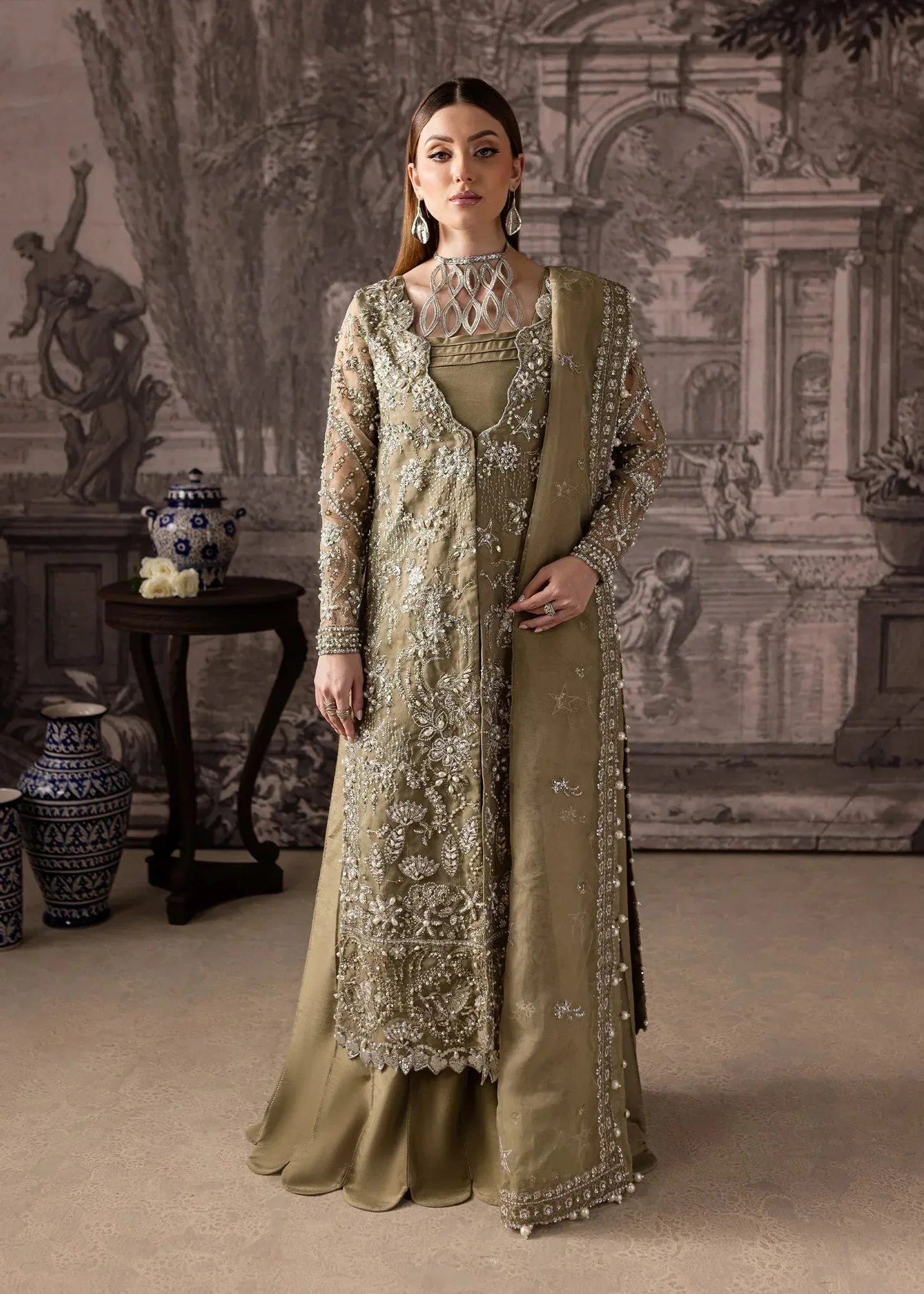 Maria Osama Khan Mystara Wedding Festive Coral Gold Raw Silk – view 1 – Poshaq