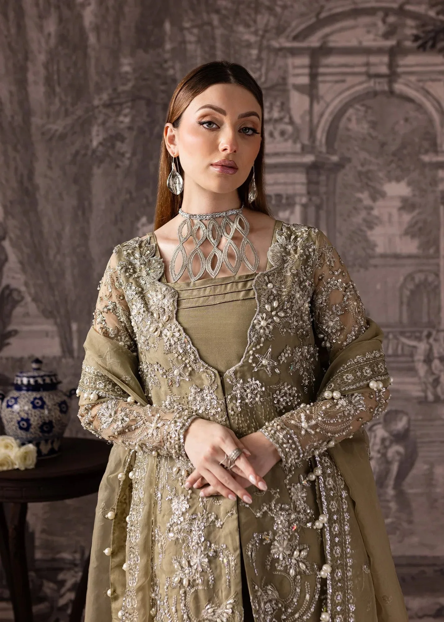 Maria Osama Khan Mystara Wedding Festive Coral Gold Raw Silk – view 3 – Poshaq