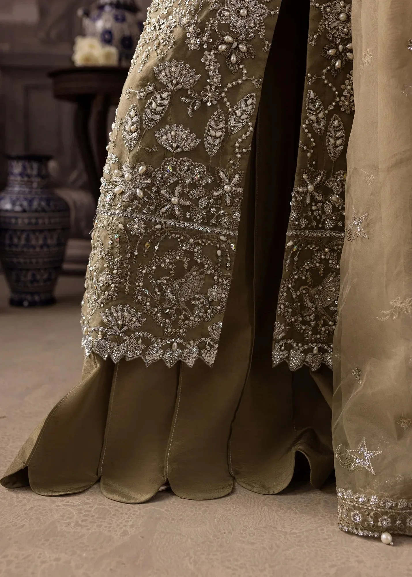 Maria Osama Khan Mystara Wedding Festive Coral Gold Raw Silk – view 4 – Poshaq