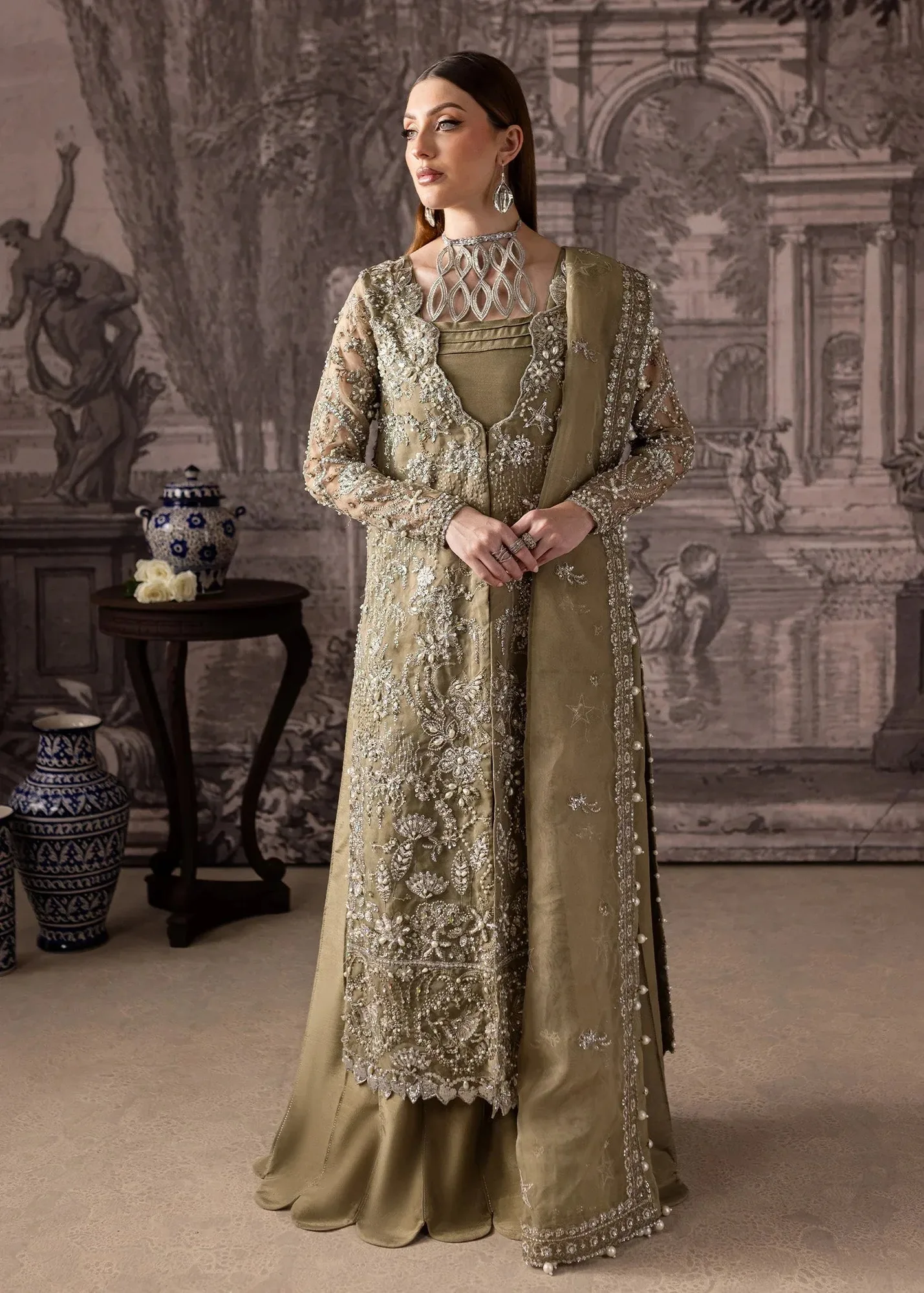 Maria Osama Khan Mystara Wedding Festive Coral Gold Raw Silk – view 5 – Poshaq