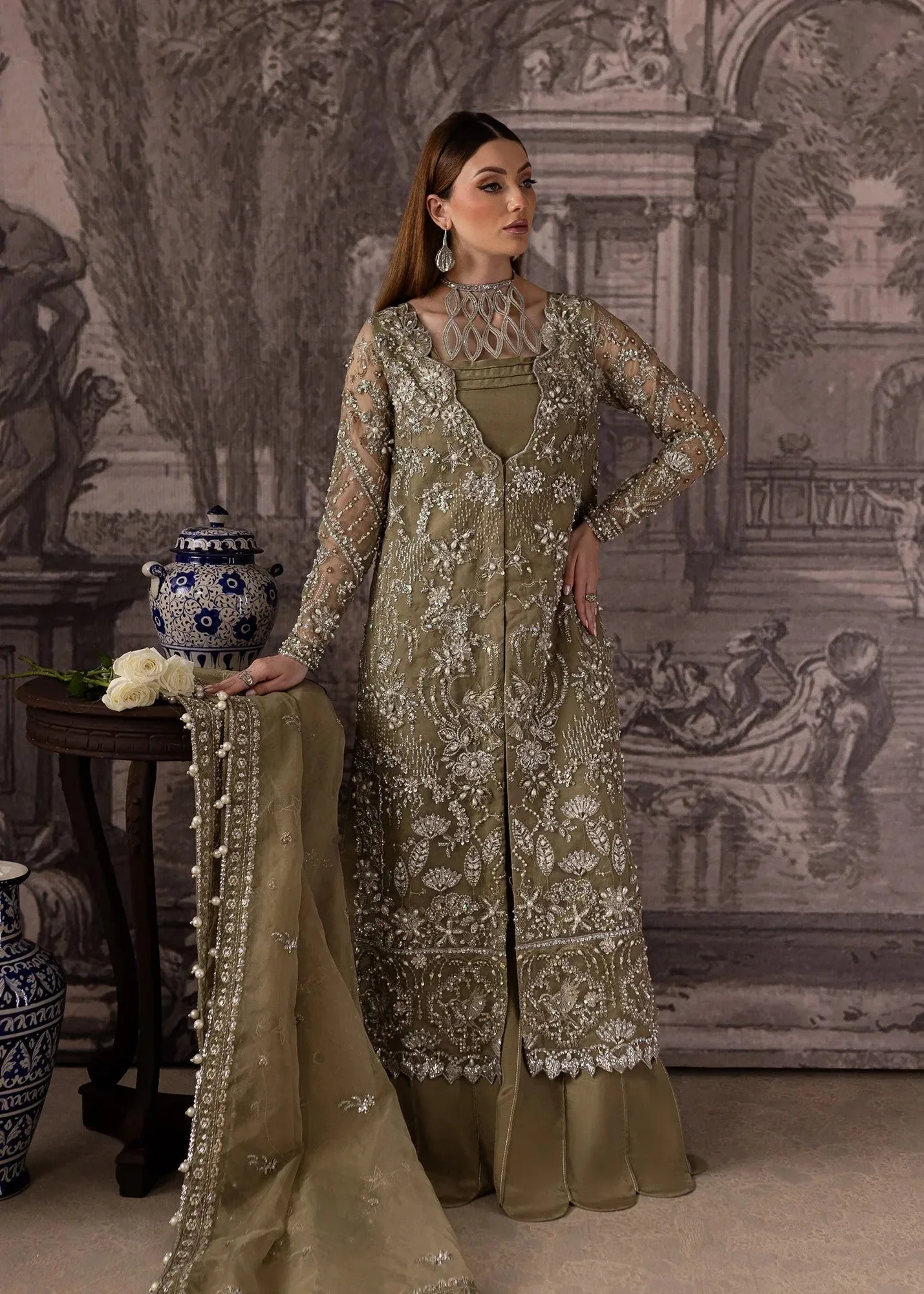 Maria Osama Khan Mystara Wedding Festive Coral Gold Raw Silk – view 6 – Poshaq