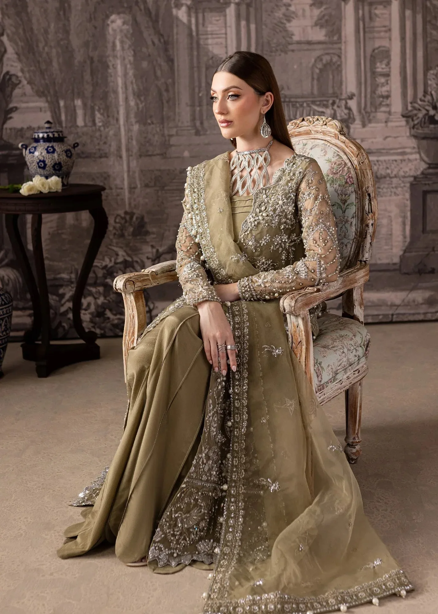 Maria Osama Khan Mystara Wedding Festive Coral Gold Raw Silk – view 7 – Poshaq