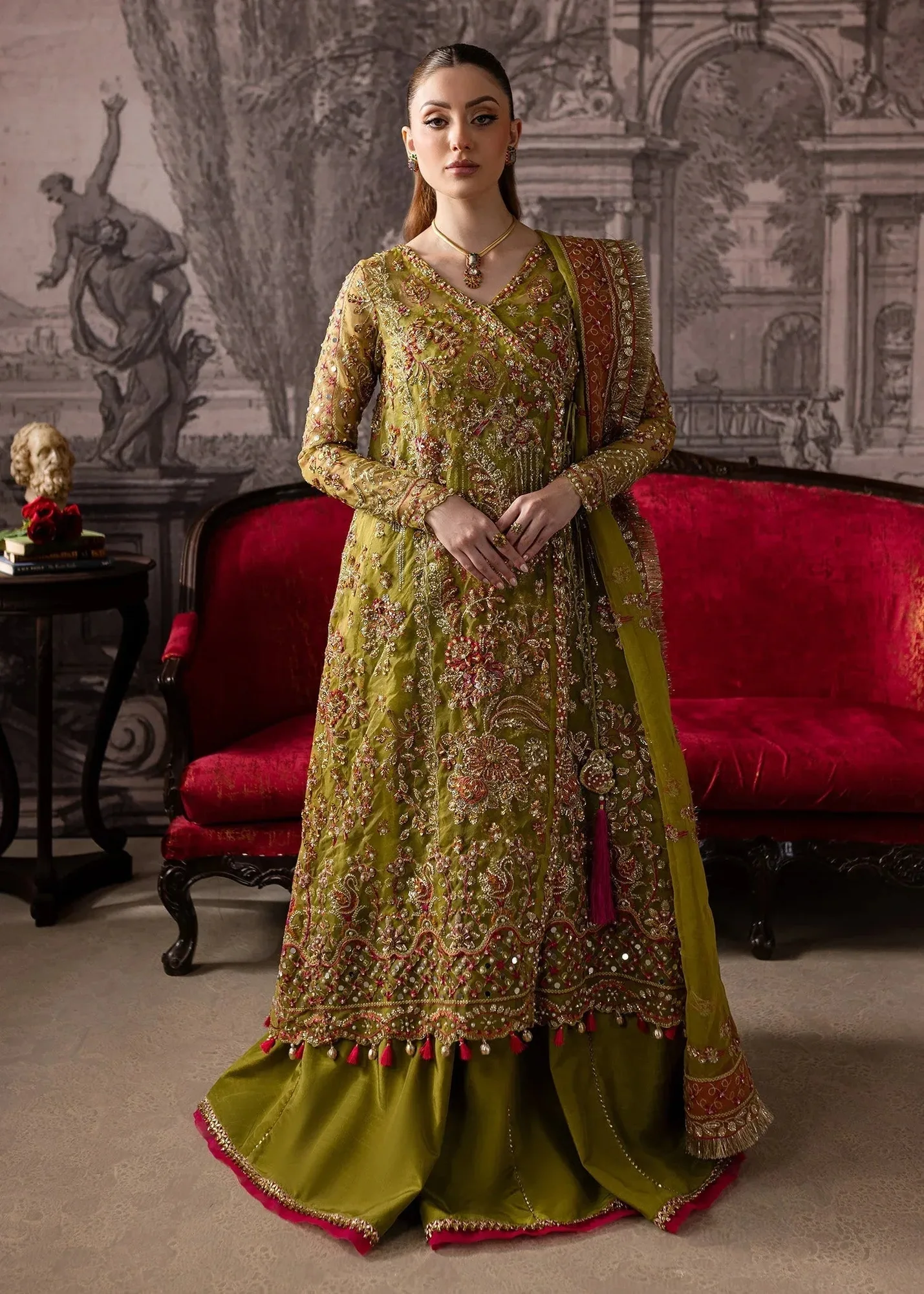 Maria Osama Khan Mystara Wedding Festive Mehndi Green Raw Silk – view 1 – Poshaq