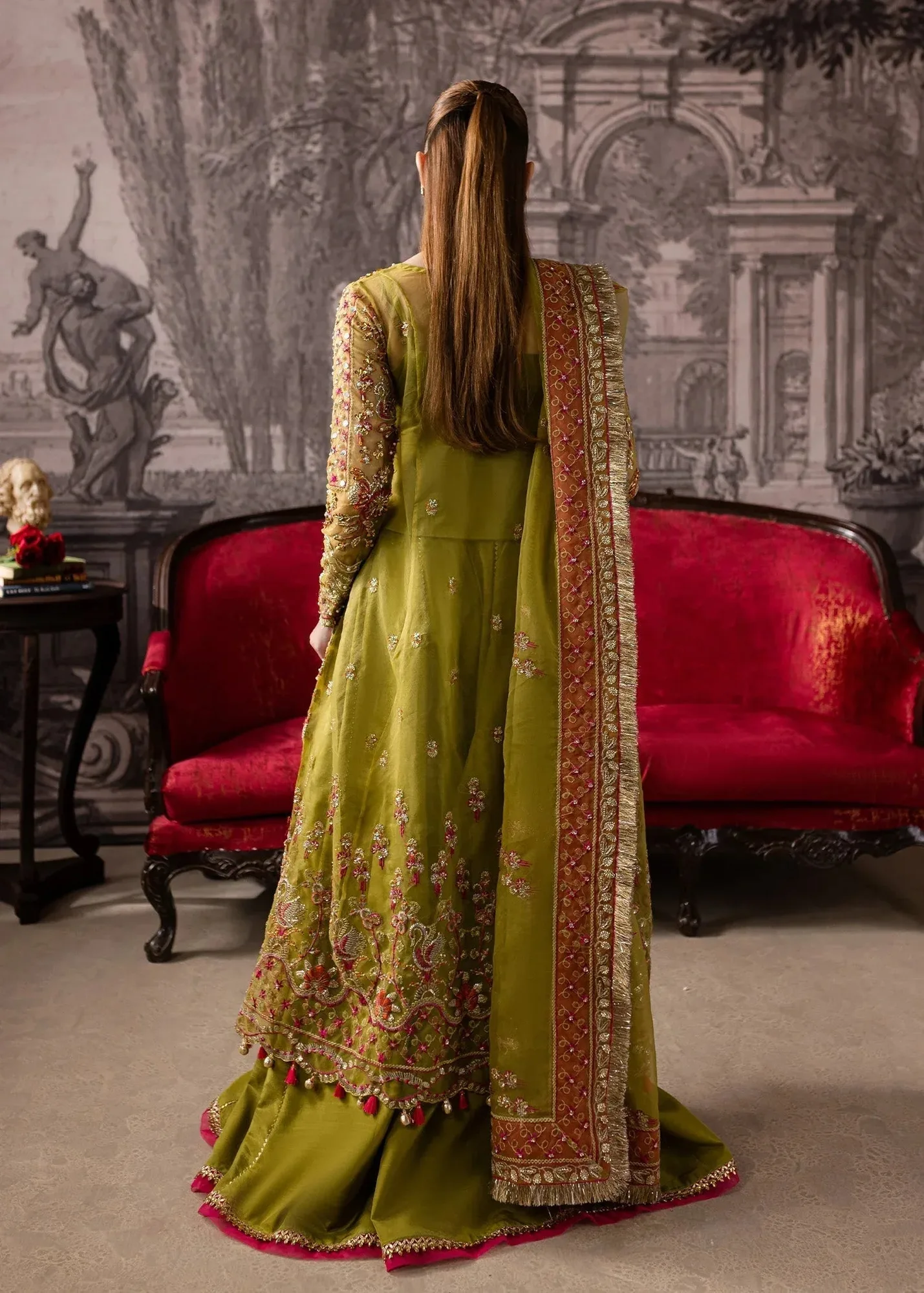 Maria Osama Khan Mystara Wedding Festive Mehndi Green Raw Silk – view 2 – Poshaq