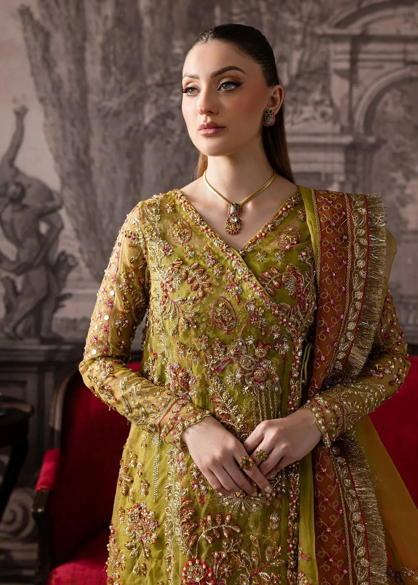 Maria Osama Khan Mystara Wedding Festive Mehndi Green Raw Silk – view 3 – Poshaq