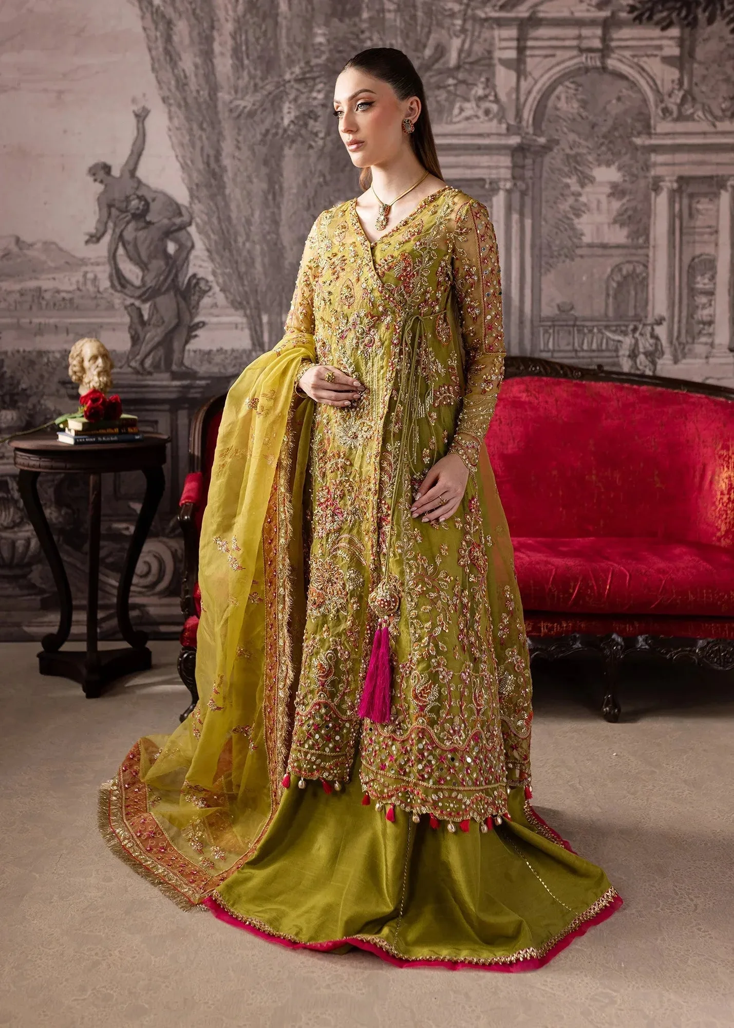 Maria Osama Khan Mystara Wedding Festive Mehndi Green Raw Silk – view 7 – Poshaq