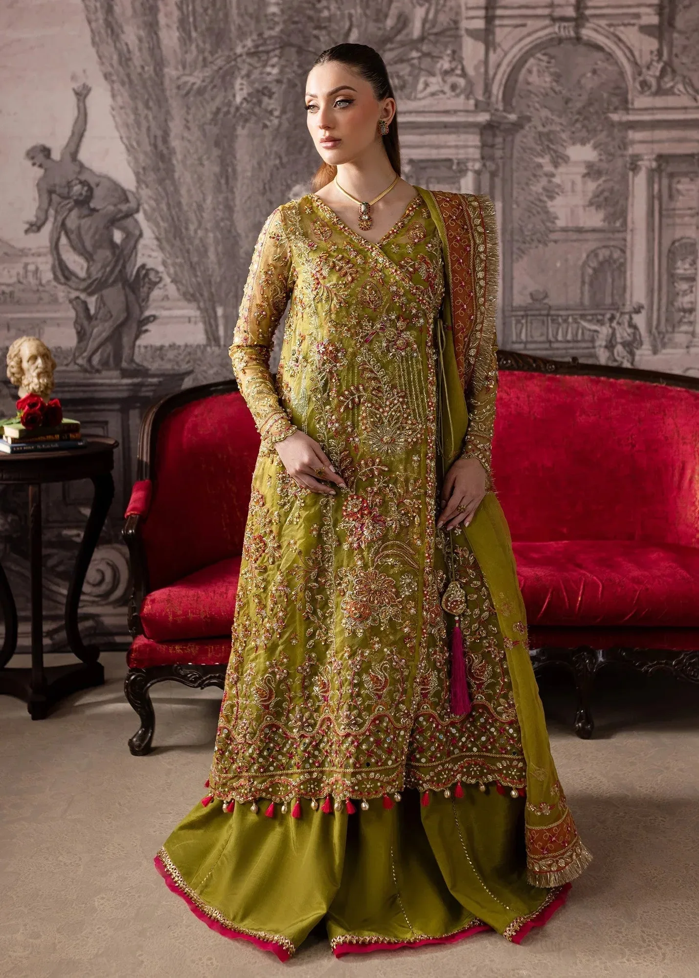 Maria Osama Khan Mystara Wedding Festive Mehndi Green Raw Silk – view 8 – Poshaq