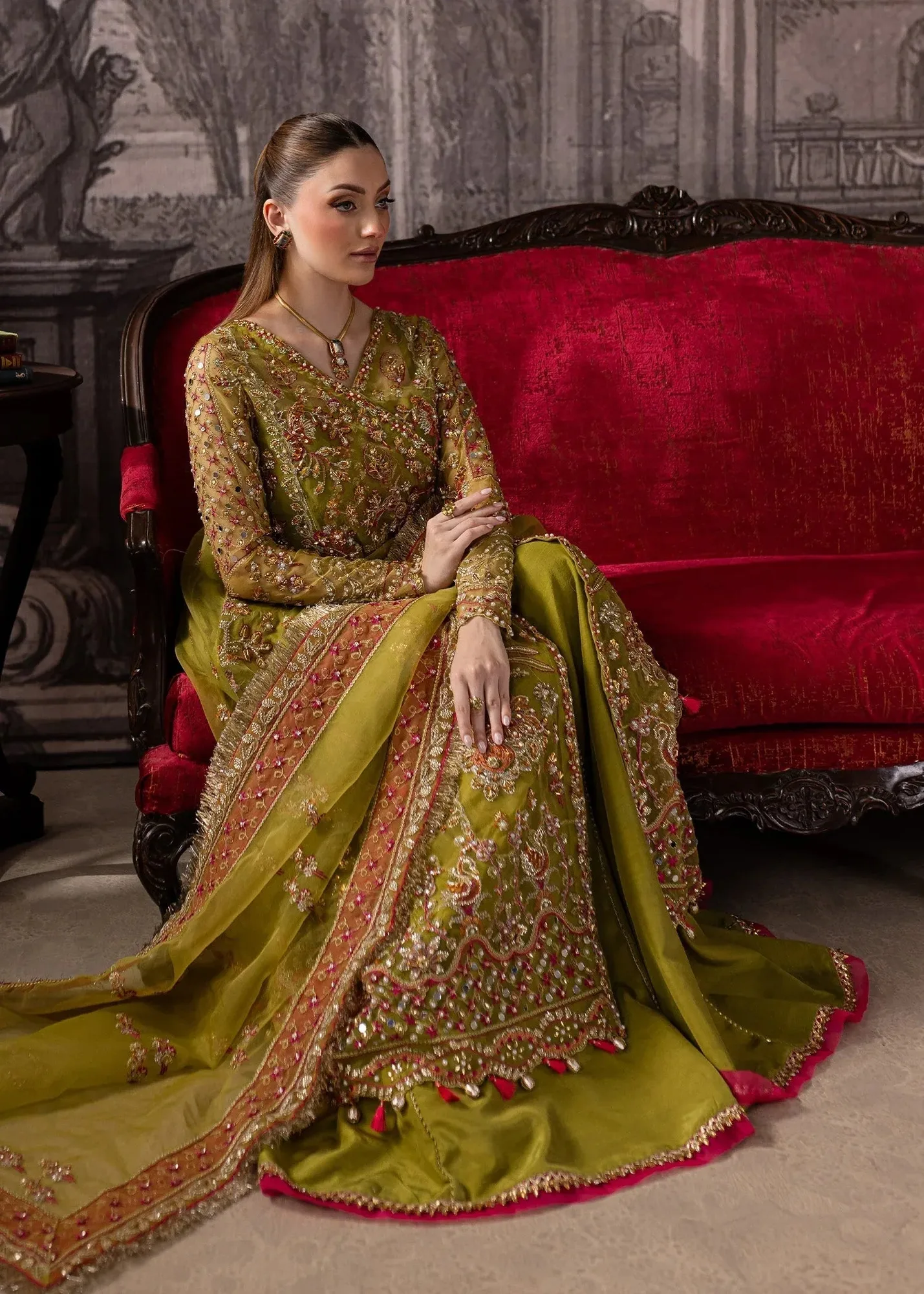 Maria Osama Khan Mystara Wedding Festive Mehndi Green Raw Silk – view 9 – Poshaq