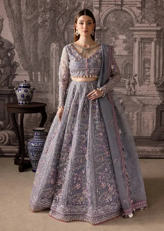 Maria Osama Khan Mystara Wedding Festive Lilac Gray Raw Silk – view 1 – Poshaq