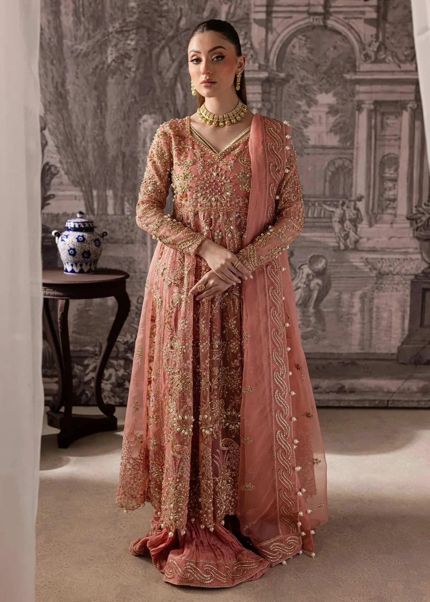 Maria Osama Khan Mystara Wedding Festive Salmon Pink Raw Silk – view 1 – Poshaq