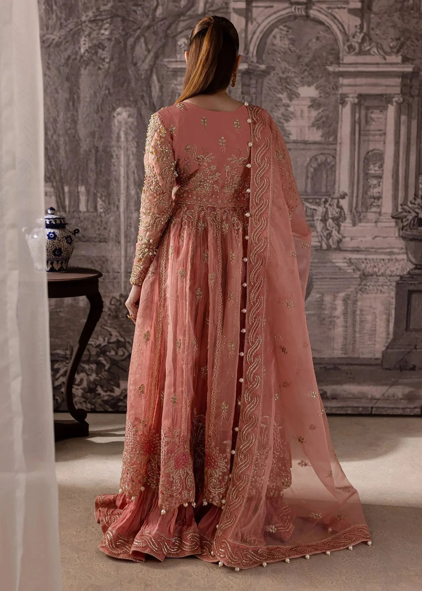 Maria Osama Khan Mystara Wedding Festive Salmon Pink Raw Silk – view 2 – Poshaq