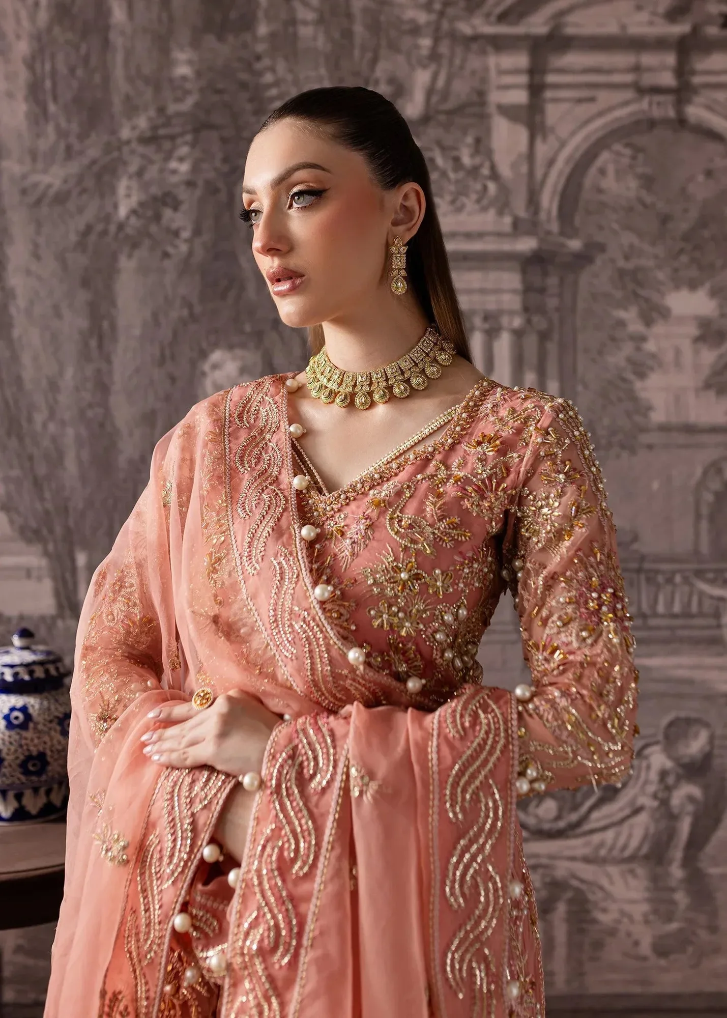 Maria Osama Khan Mystara Wedding Festive Salmon Pink Raw Silk – view 3 – Poshaq