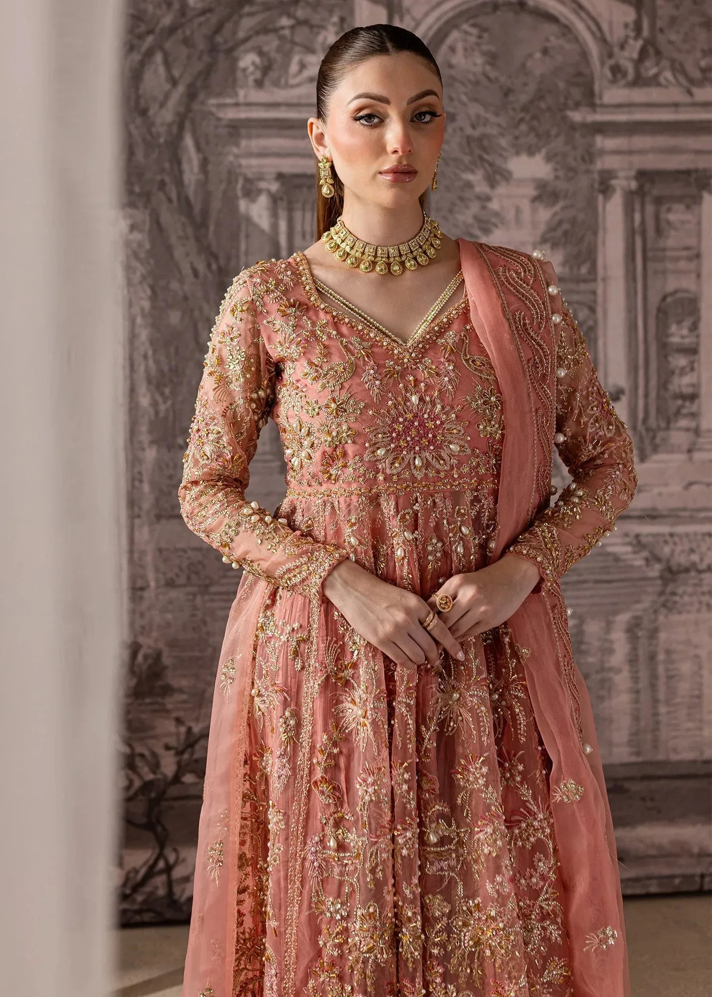 Maria Osama Khan Mystara Wedding Festive Salmon Pink Raw Silk – view 4 – Poshaq