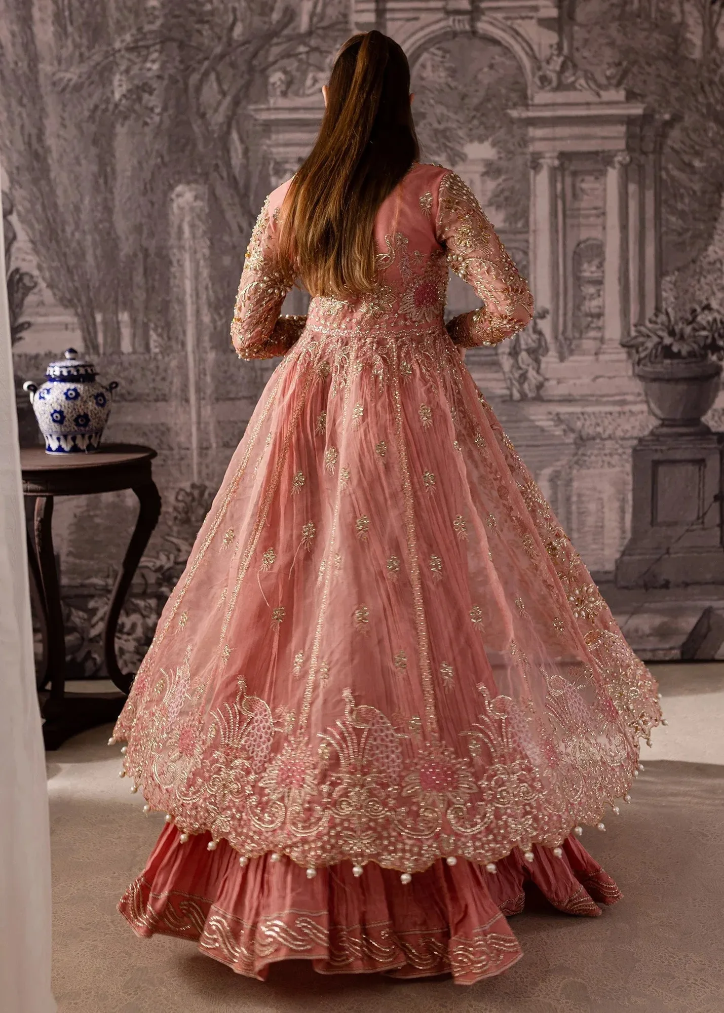 Maria Osama Khan Mystara Wedding Festive Salmon Pink Raw Silk – view 5 – Poshaq