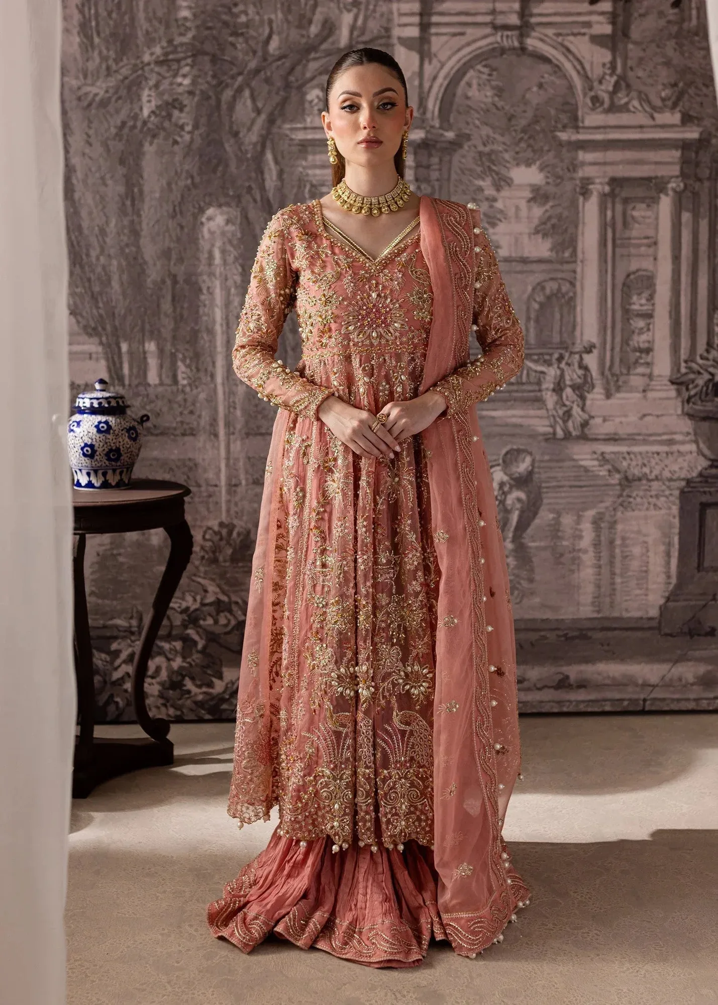 Maria Osama Khan Mystara Wedding Festive Salmon Pink Raw Silk – view 7 – Poshaq
