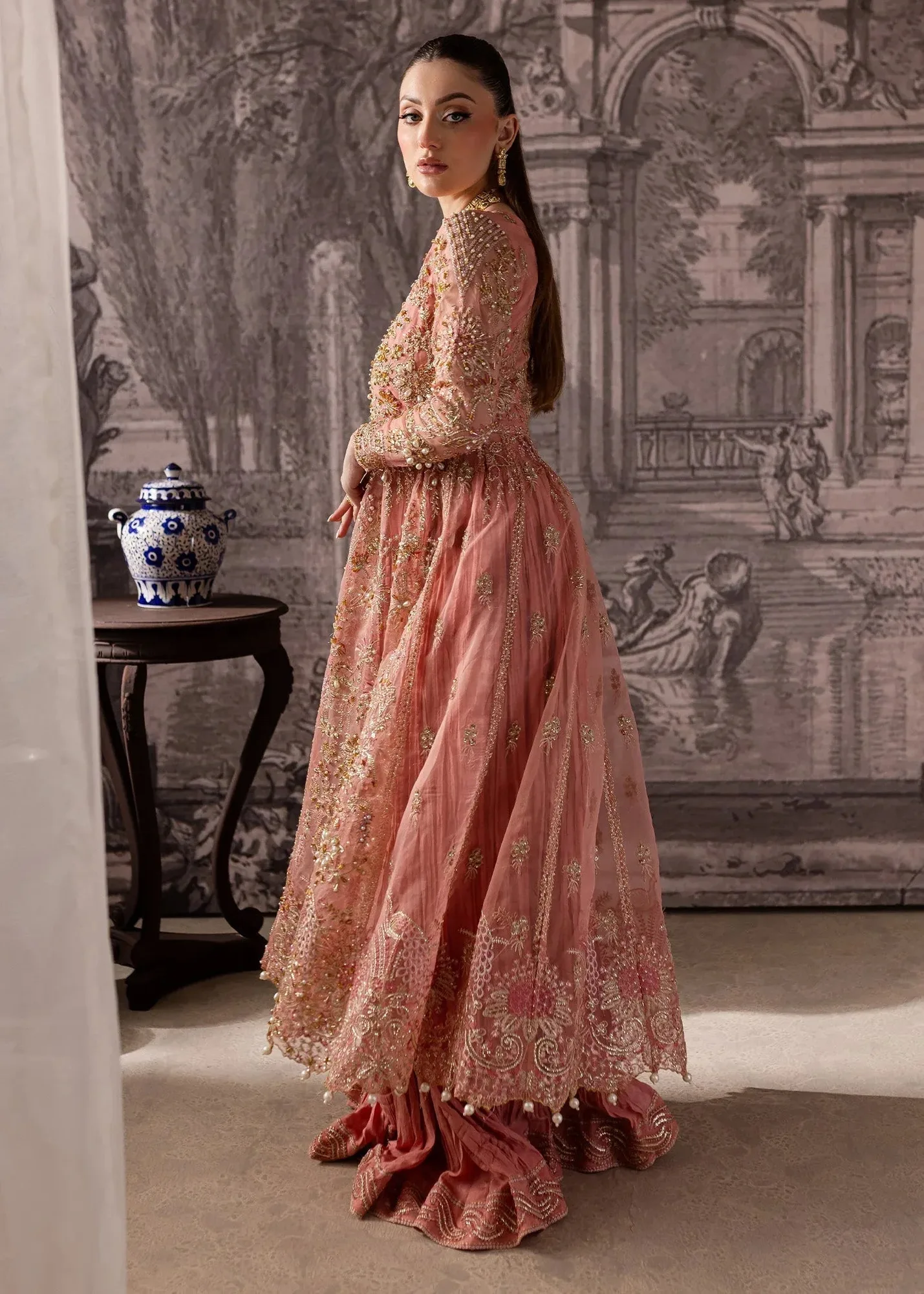 Maria Osama Khan Mystara Wedding Festive Salmon Pink Raw Silk – view 8 – Poshaq