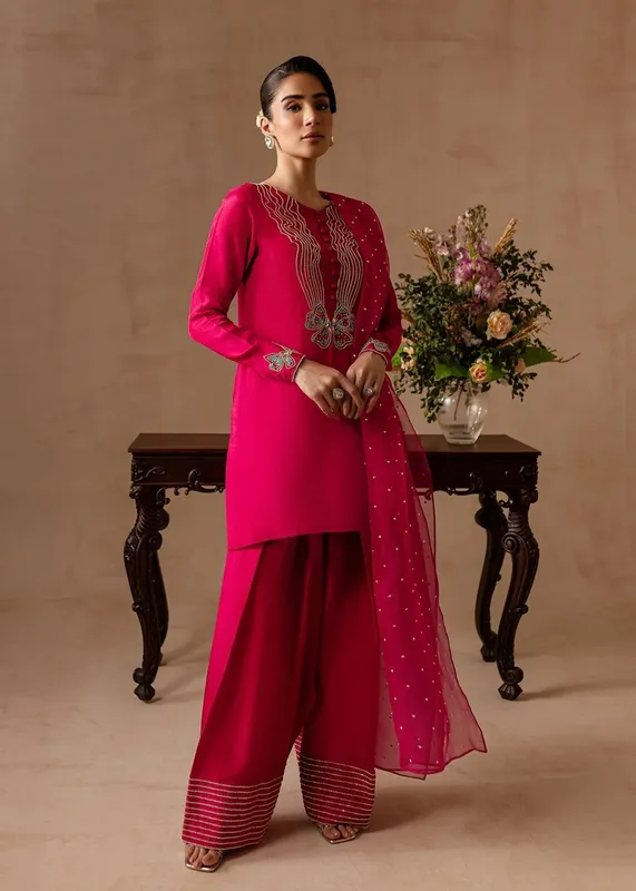 Maria Osama Khan Noir Bliss Luxury Formals Hot Pink Raw Silk – view 1 – Poshaq