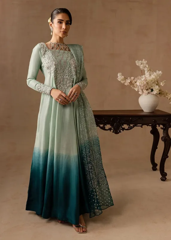 Maria Osama Khan Noir Bliss Luxury Formals Teal Raw Silk – view 1 – Poshaq