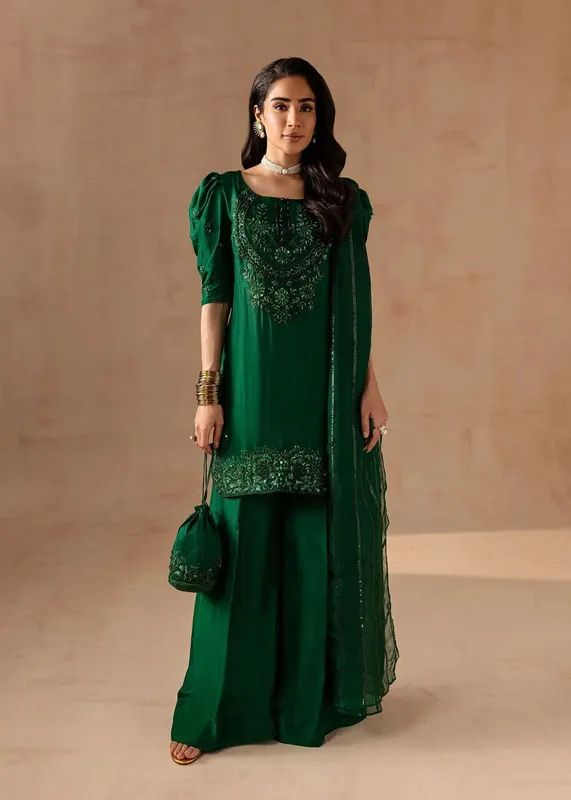 Maria Osama Khan Noir Bliss Luxury Formals Bottle Green Raw Silk – view 1 – Poshaq