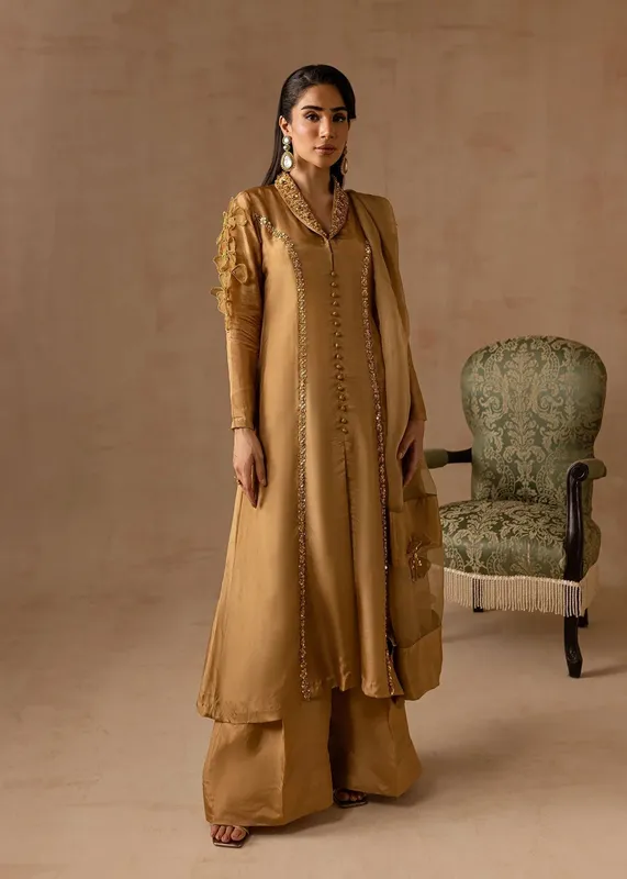 Maria Osama Khan Noir Bliss Luxury Formals Golden Raw Silk – view 1 – Poshaq
