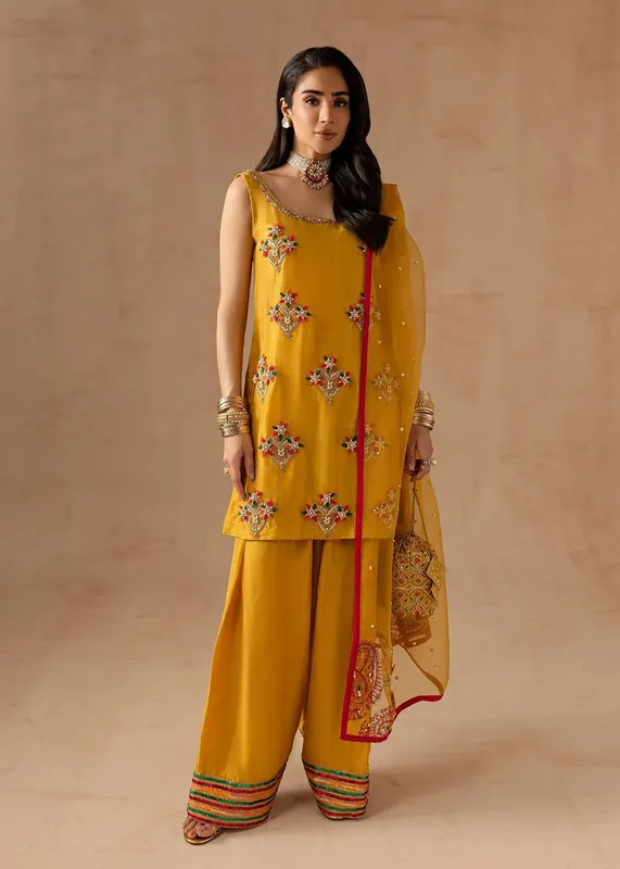 Maria Osama Khan Noir Bliss Luxury Formals Mustard Yellow Raw Silk – view 1 – Poshaq