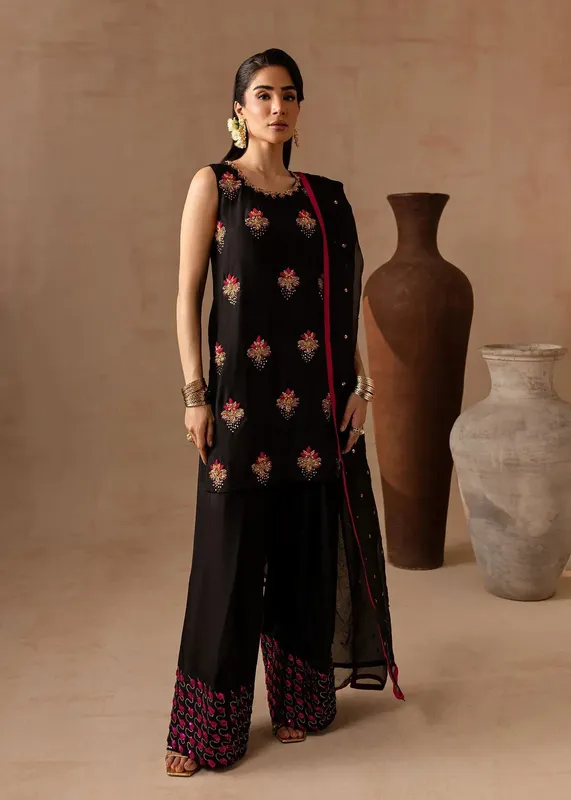 Maria Osama Khan Noir Bliss Luxury Formals Black Raw Silk – view 1 – Poshaq