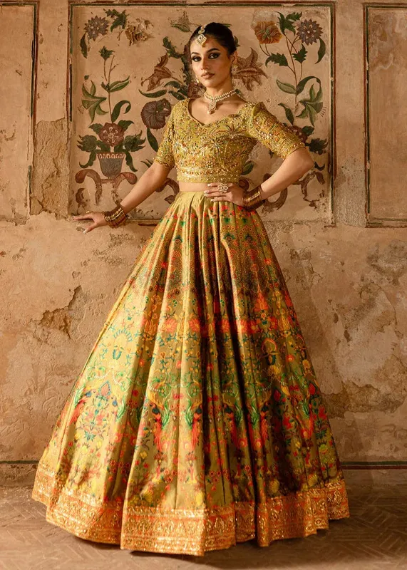 Maria Osama Khan Khawabeedah Wedding Formals Mehndi Green Raw Silk – view 1 – Poshaq