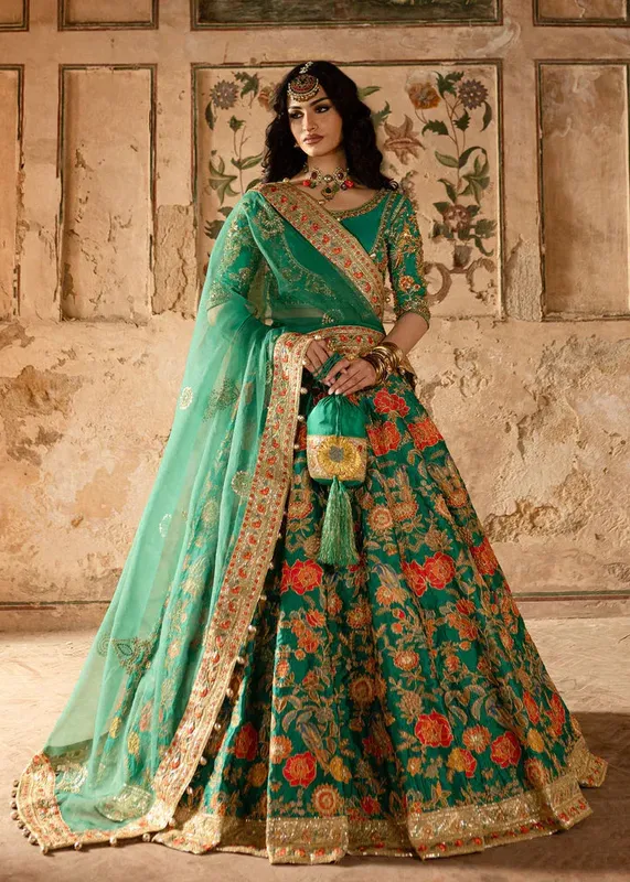 Maria Osama Khan Khawabeedah Wedding Formals Green Raw Silk – view 1 – Poshaq