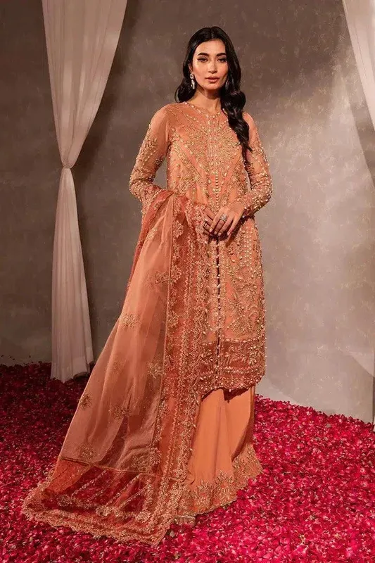 Maria Osama Khan Dastaan Festive Formals 23 Peach Raw Silk – view 1 – Poshaq