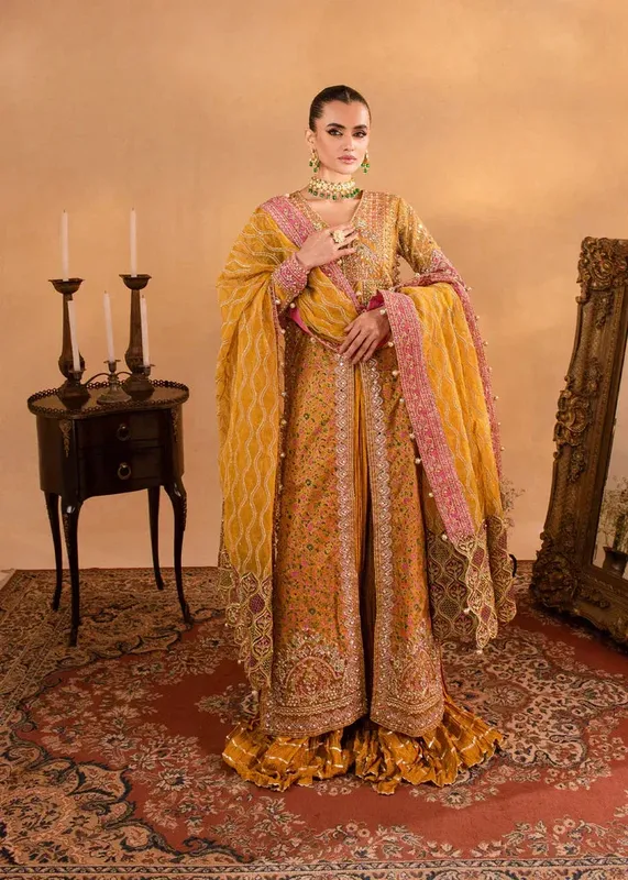 Maria Osama Khan Sajni Wedding Festive Mustard Raw Silk – view 1 – Poshaq