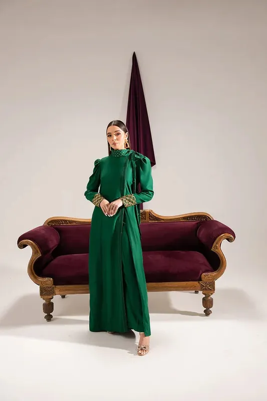 Maria Osama Khan Tiffany Formals Green Raw Silk – view 1 – Poshaq