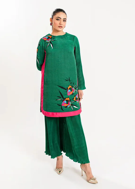 Maria Osama Khan Claire Pleated Silk Green Silk – view 1 – Poshaq