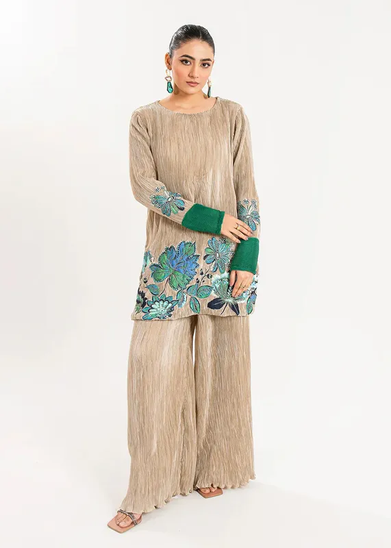 Maria Osama Khan Claire Pleated Silk Beige Silk – view 1 – Poshaq