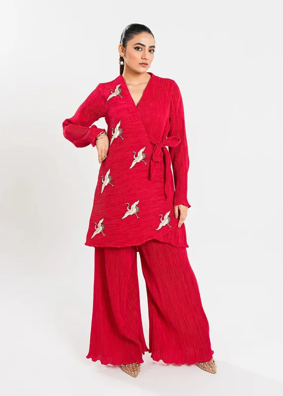 Maria Osama Khan Claire Pleated Silk Red Silk – view 1 – Poshaq