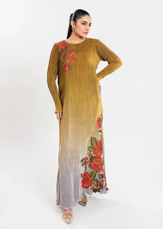 Maria Osama Khan Claire Pleated Silk Brown Silk – view 1 – Poshaq