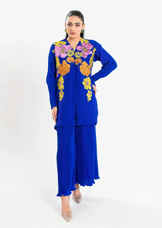 Maria Osama Khan Claire Pleated Silk Blue Silk – view 1 – Poshaq