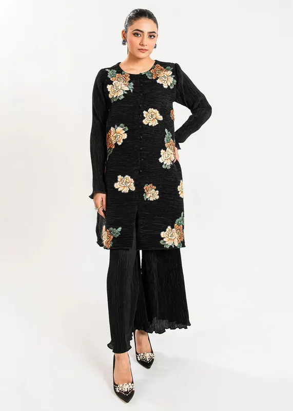Maria Osama Khan Claire Pleated Silk Black Silk – view 1 – Poshaq
