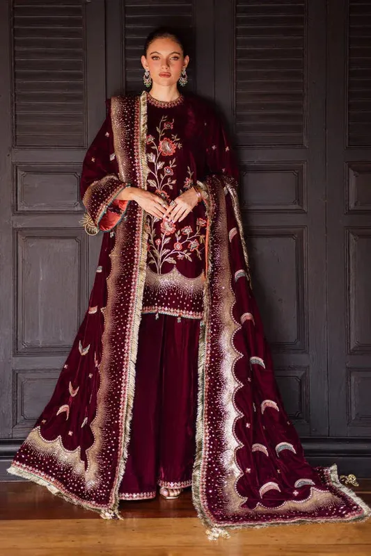Marjjan De Royal Maroon Organza – view 1 – Poshaq