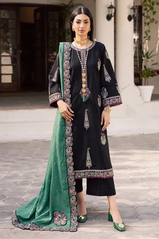Marjjan Rawaj Luxe Black Khaddar – view 1 – Poshaq