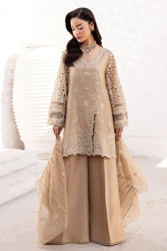 Marjjan Elyna Lawn skin gold Organza – view 1 – Poshaq