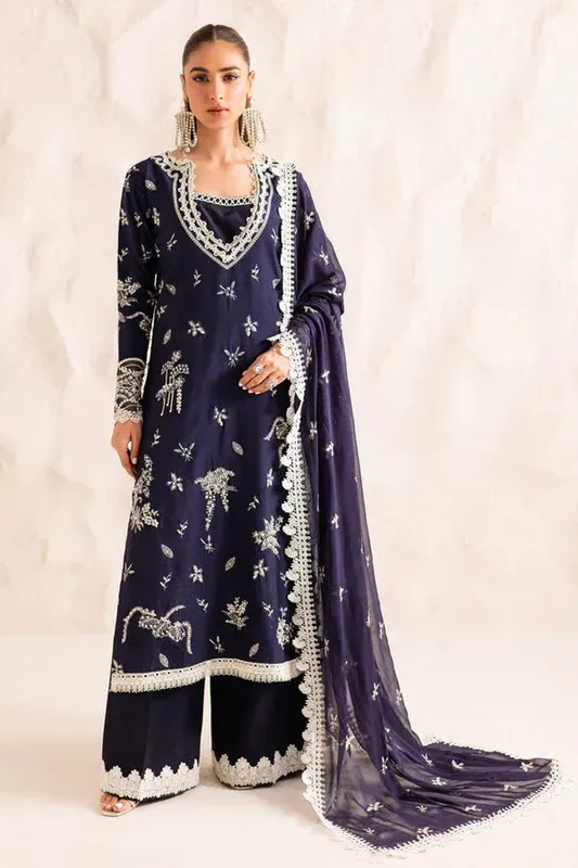 Marjjan Elyna Lawn navy blue Raw Silk – view 1 – Poshaq