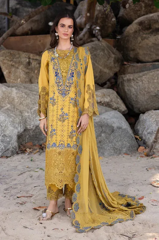 Marjjan Mavi Lawn Mustard Organza – view 1 – Poshaq
