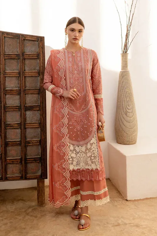 Marjjan Fasana Lawn Peach Organza – view 1 – Poshaq